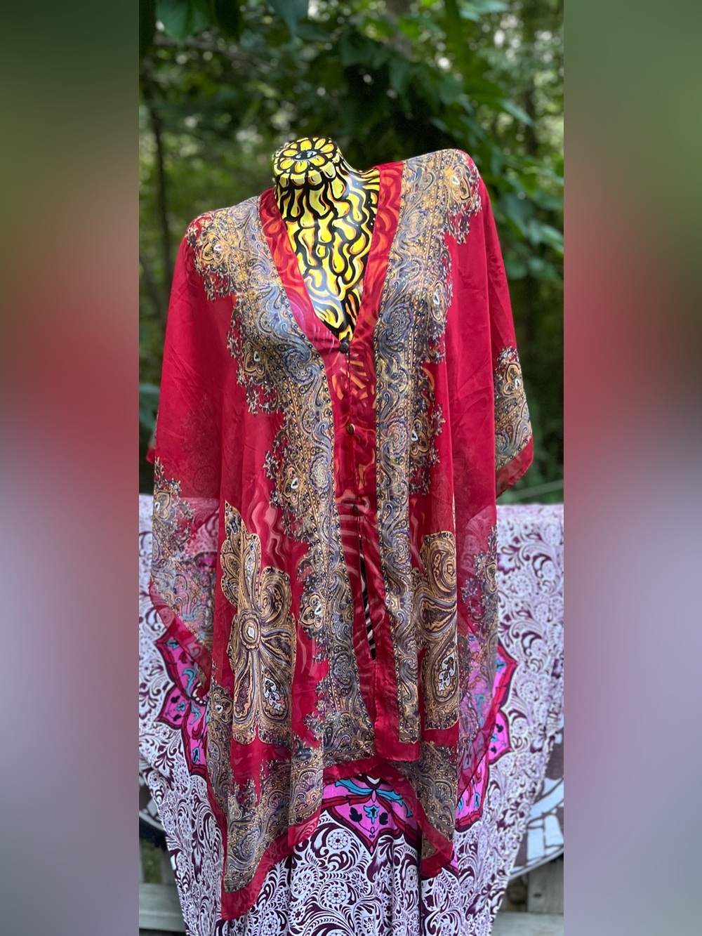 Gypsy Rose Red Paisley Print Tunic Top - Lightweight Boho Kimono